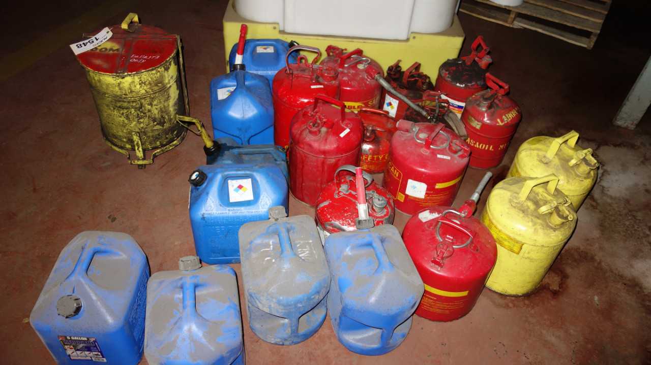 LOT OF ASSORTED GASOLINE, KEROSINE CONTAINERS - ELECTRIC POWER TOOLS