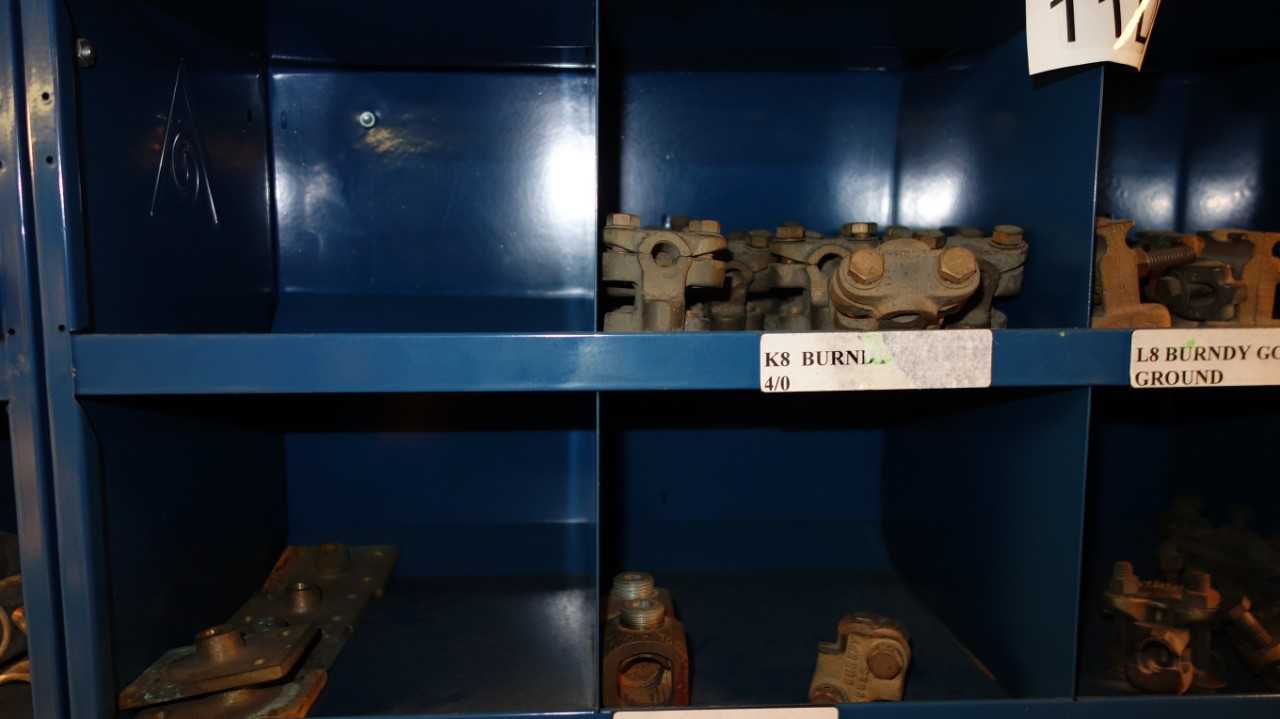 CONTENTS OF 4X STACKED PIGEON HOLE CABINET, ASSORTED TERMINAL LUGS, GROUND CLAMPS, BUS BAR CLAMPS, CONNECTORS, BURNDY - ELECTRICAL COMPONENTS