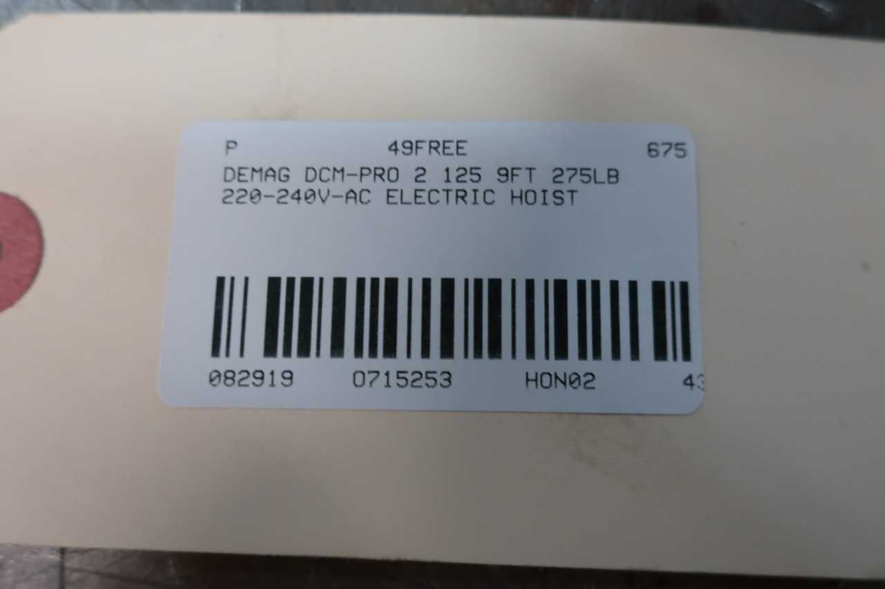 DEMAG DCM-PRO 2 125 9FT 275LB 220-240V-AC ELECTRIC HOIST - LIFTING EQUIPMENT