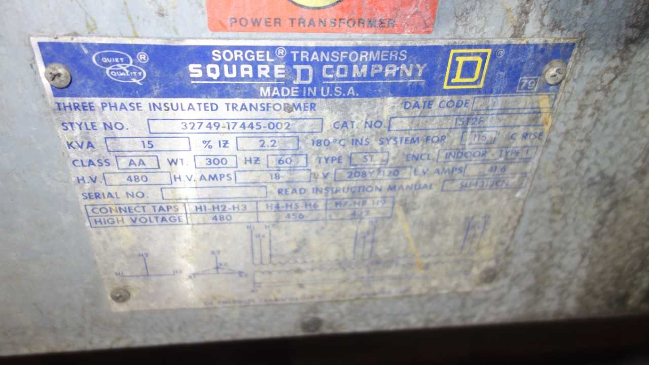 SQUARE D 15T2F 15KVA 480V 280Y/120V 3PH TRANSFORMER - CONTROL TRANSFORMERS