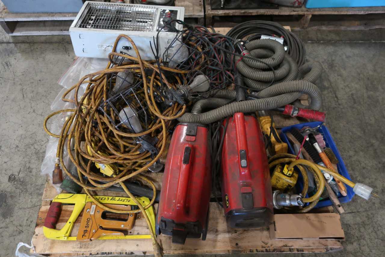 3 PALLETS OF ASSORTED TOOLS SAWS CLEVIS WRENCHES STRAPS HOISTS - ELECTRIC POWER TOOLS