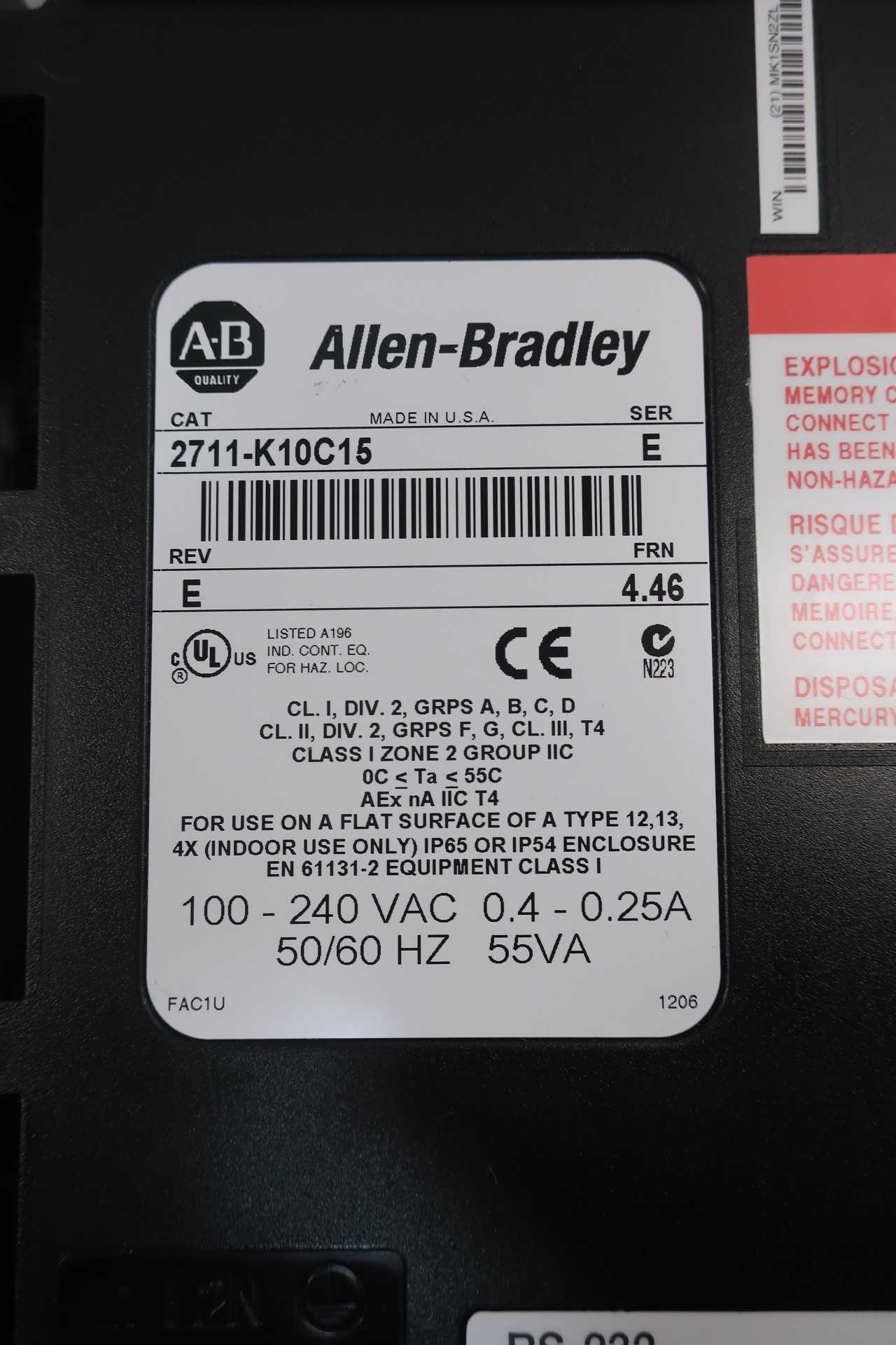 ALLEN BRADLEY 2711-K10C15 PANELVIEW 1000C OPERATOR INTERFACE - AUTOMATION & CONTROLS