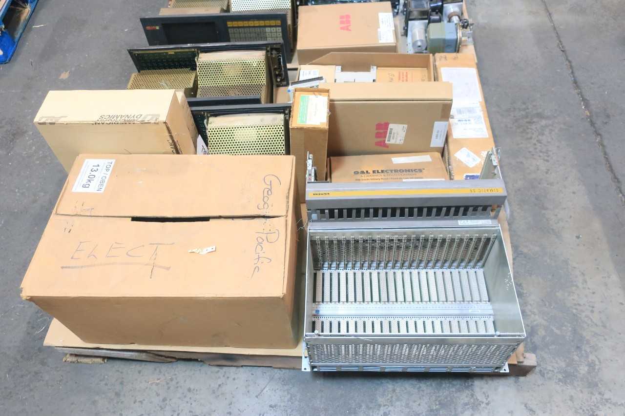 2 PALLETS OF ASSORTED ELECTRICAL AC MOTOR DRIVE, INTERFACE PANEL CONTROLS, SWITCH CONTROLS, CHASSIS RACK CONTROLS, PRESSURE SWITCH, SENSOR ASSEMBLY- SIEMENS, ENDRESS HAUSER, MITSUBISHI, GENERAL ELECTRIC, ABB, NUS, EMERSON - AUTOMATION & CONTROLS