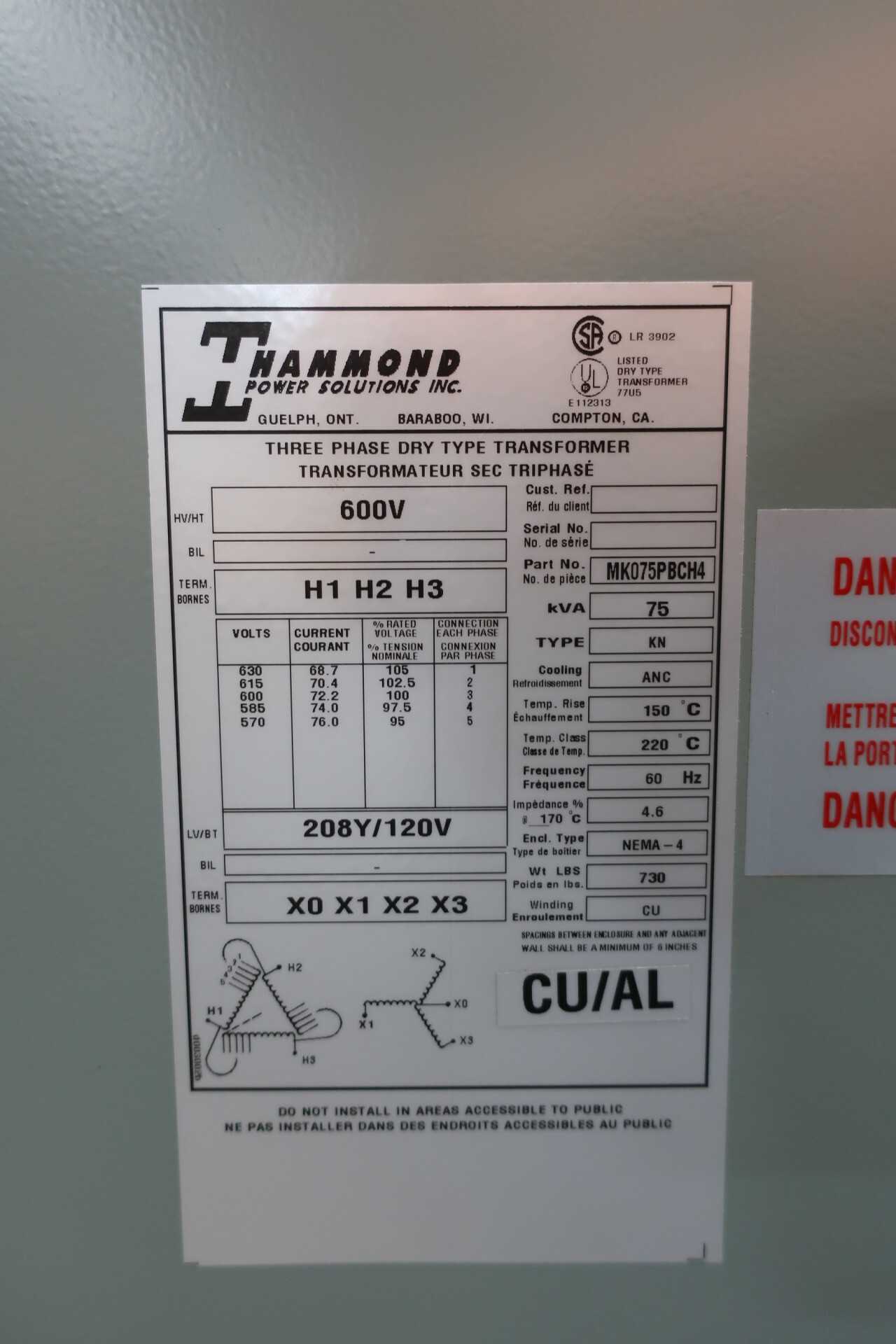 HAMMOND AC DRY POWER DISTRIBUTION TRANSFORMER - CONTROL TRANSFORMERS