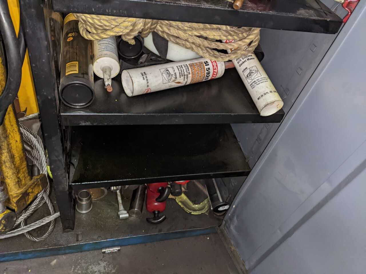 2 DOOR TOOL CABINET WITH CONTENTS, ASSORTED TOOLS, SOCKETS, AIR GUNS, CLAMPS, GREASE GUNS, CHAINS - TOOL STORAGE