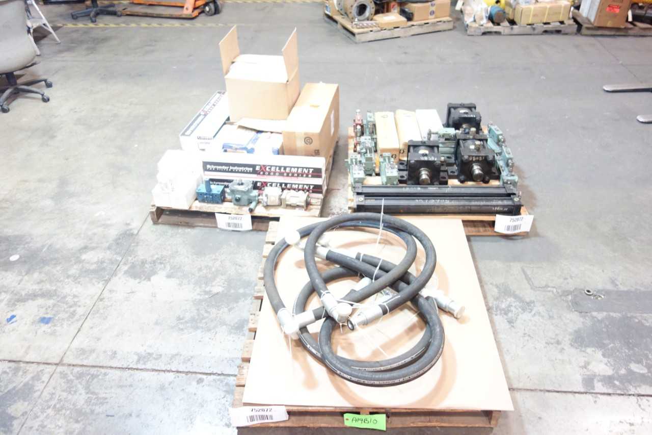 3 PALLETS OF ASSORTED HOSES, FILTERS, FITTINGS, PUMPS, ACCESSORIES - PROCESS EQUIPMENT