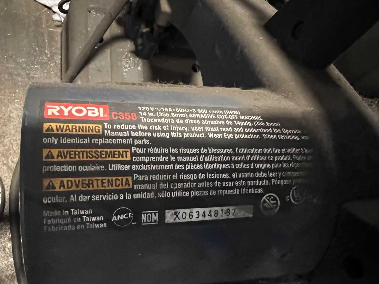 Ryobi C358 14" Abrasive Cut-Off Machine 120V 15A 60 Hz - METAL SAWS