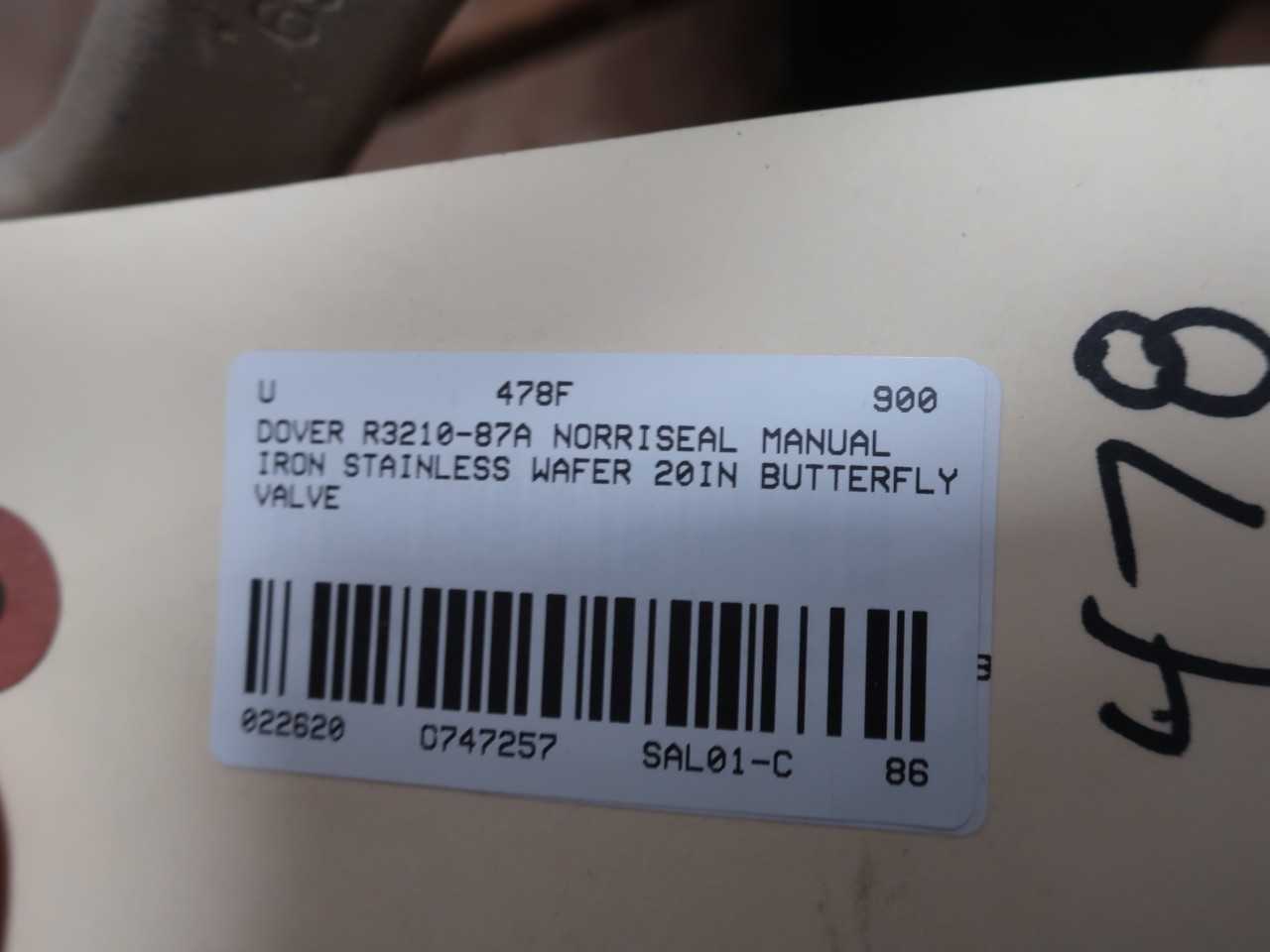 DOVER R3210-87A NORRISEAL MANUAL IRON WAFER 20IN BUTTERFLY VALVE - BUTTERFLY VALVE