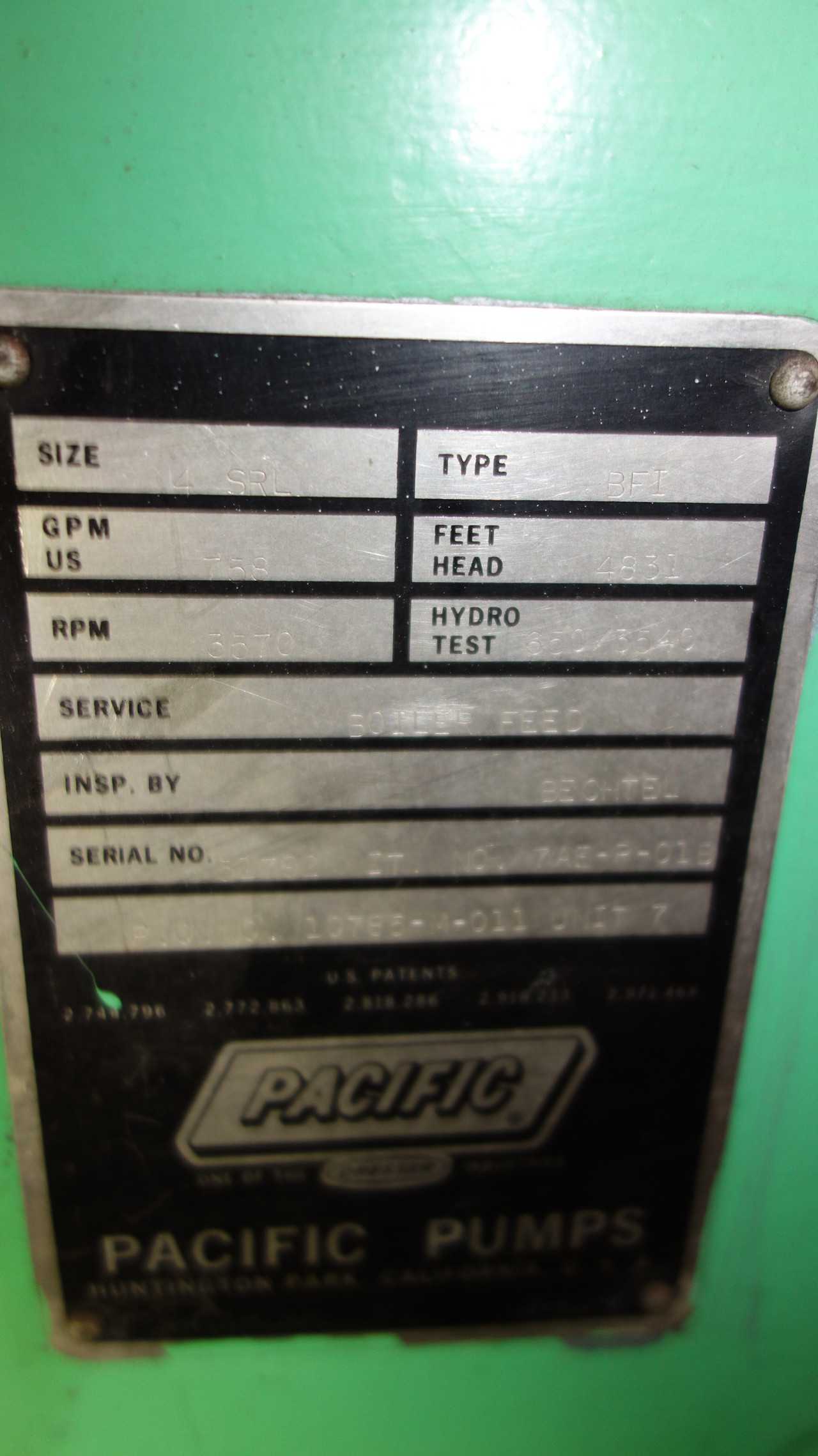 PACIFIC PUMPS SIZE 4SRL BFI BOILER FEED PUMP 758GPM - MISCELLANEOUS