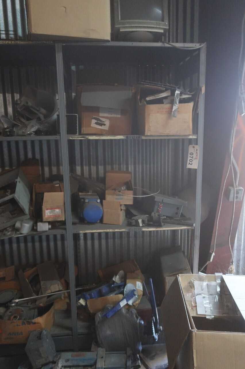 CONTENTS OF 7X SECTIONS OF SHELVING & CART, VALVES, TRANSMITTERS, ACTUATORS, MOTORS, CONTROL BOXES, ELECTRICAL, DISCONNCTS, MCC BUCKETS - ELECTRICAL COMPONENTS