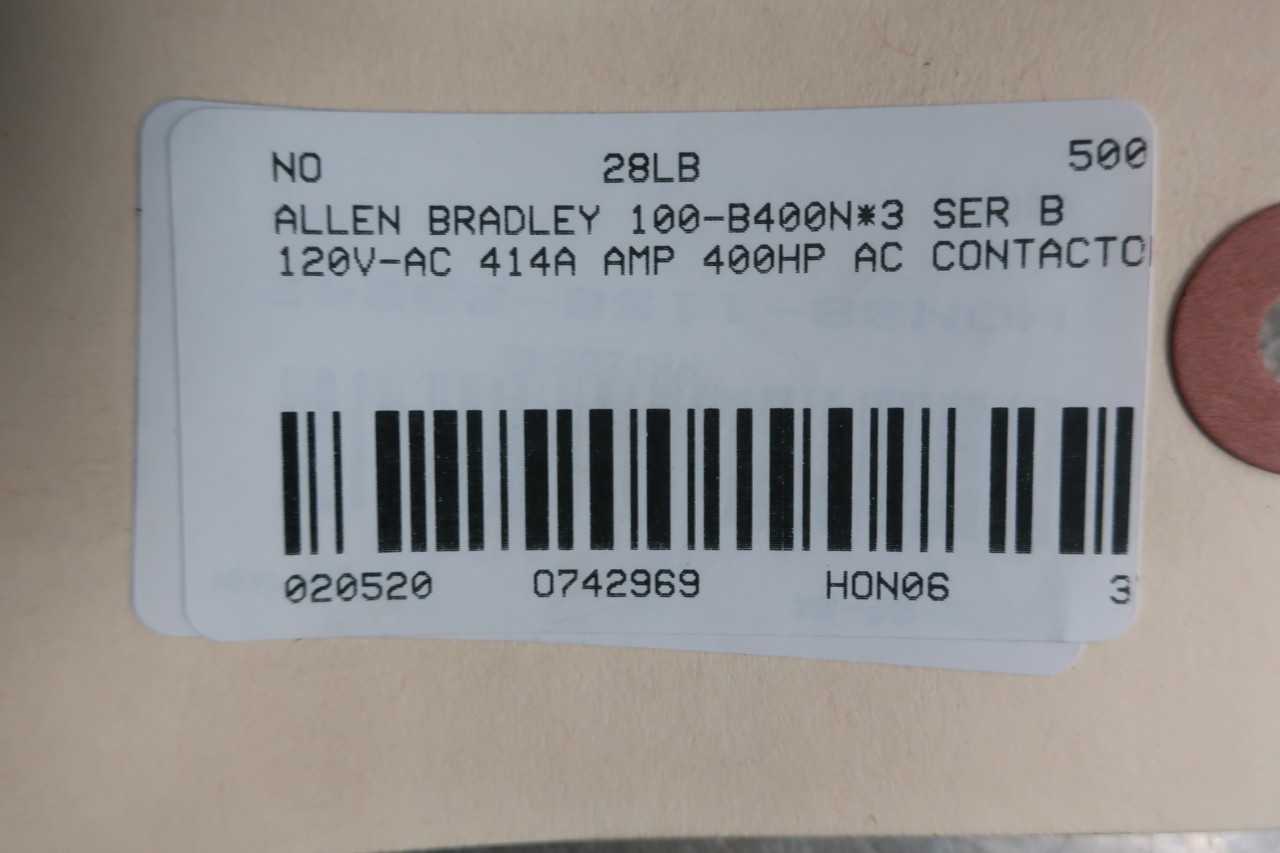 ALLEN BRADLEY 100-B400ND3 SER B 120V-AC 414A AMP 350HP AC CONTACTOR - CONTACTORS