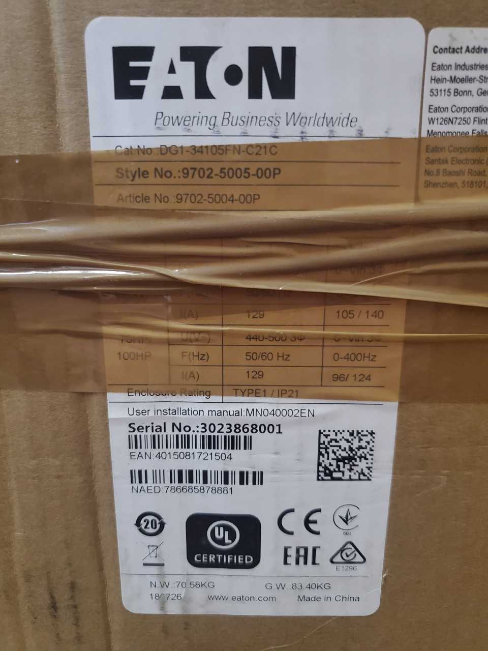 (1) Eaton DG1-34105FN-C21C Soft Starter 480V 75HP - MOTOR STARTERS