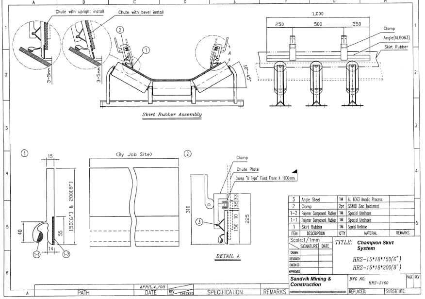 CHAMPION SKIRT SYSTEM - RUBBER + RAIL/CLAMPS - CONVEYORS