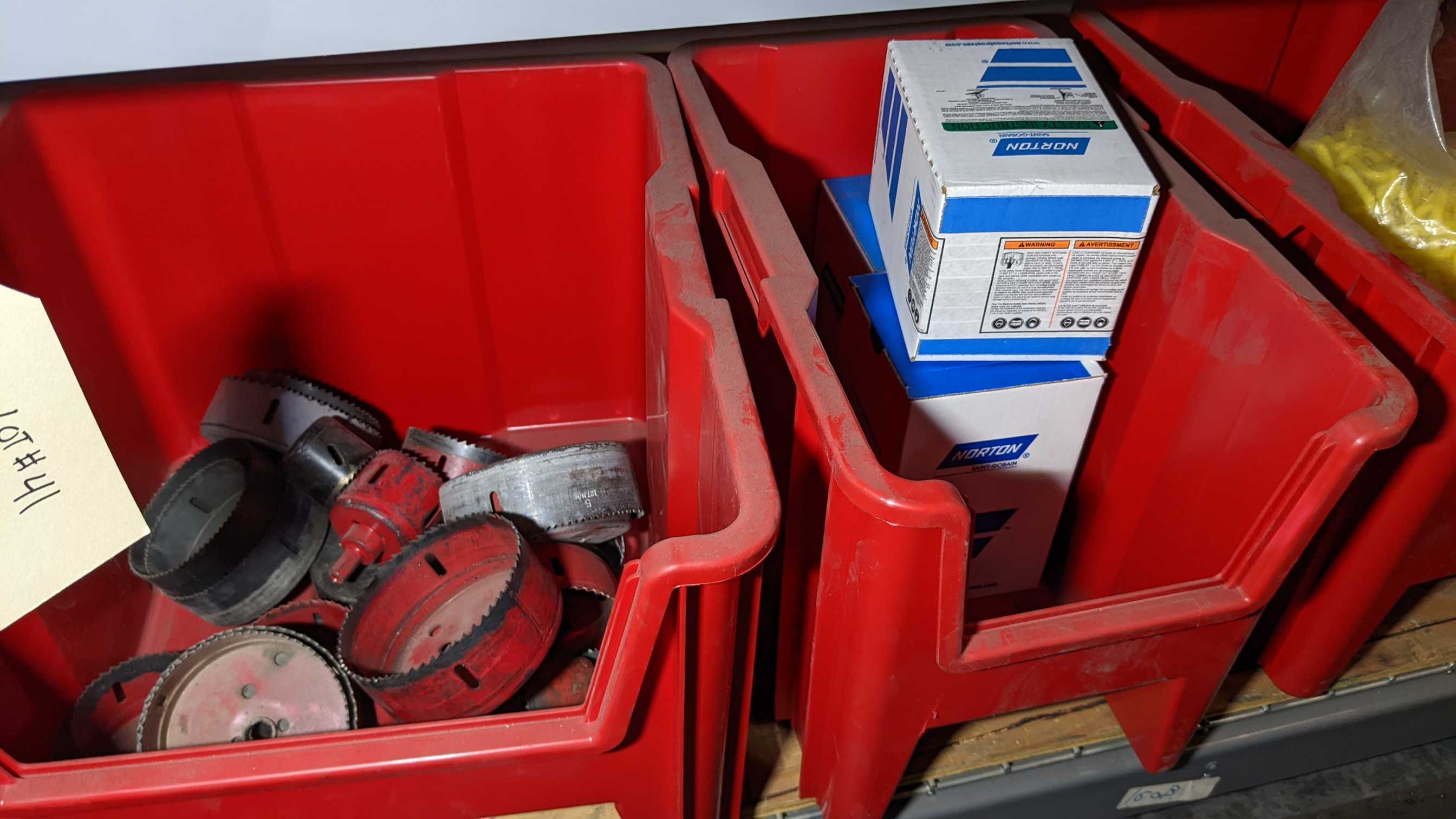 LOT OF 4 SECTIONS OF SHELVING CONTENTS CONTAINING SMALL TOOLS, CONSUMABLES - INDUSTRIAL PARTS