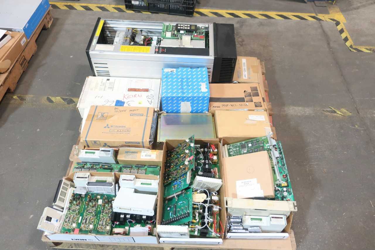1 PALLET OF ASSORTED ELECTRICAL LASER SENSOR, SERVO CONTROLLER, CIRCUIT BOARD CONTROLS, CHARGING STATION CONT, INPUT MODULE, VARIABLE SPEED DRIVE, CIRCUIT BOARDS, MODULES- YASKAWA, SICK, AMX, DANFOSS, MITSUBISHI, OVATION - AUTOMATION & CONTROLS