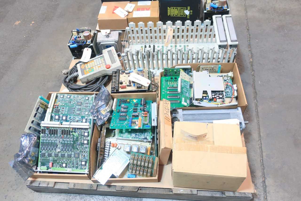 2 PALLETS OF ASSORTED ELECTRICAL CIRCUIT BOARDS, CONTROLS, TEACH PENDANT ROBOT, SENSOR, SERVO MOTOR, AMP OPERTATOR INTERFACE PANEL, CHASSIS RACK CONT, LINEAR VARIABLE DIFFERENTIAL TRANSDUCER, CHASSIS MODULE- ABB, HONEYWELL, INGERSOLL RAND, NACHI, ENTEK, M - AUTOMATION & CONTROLS