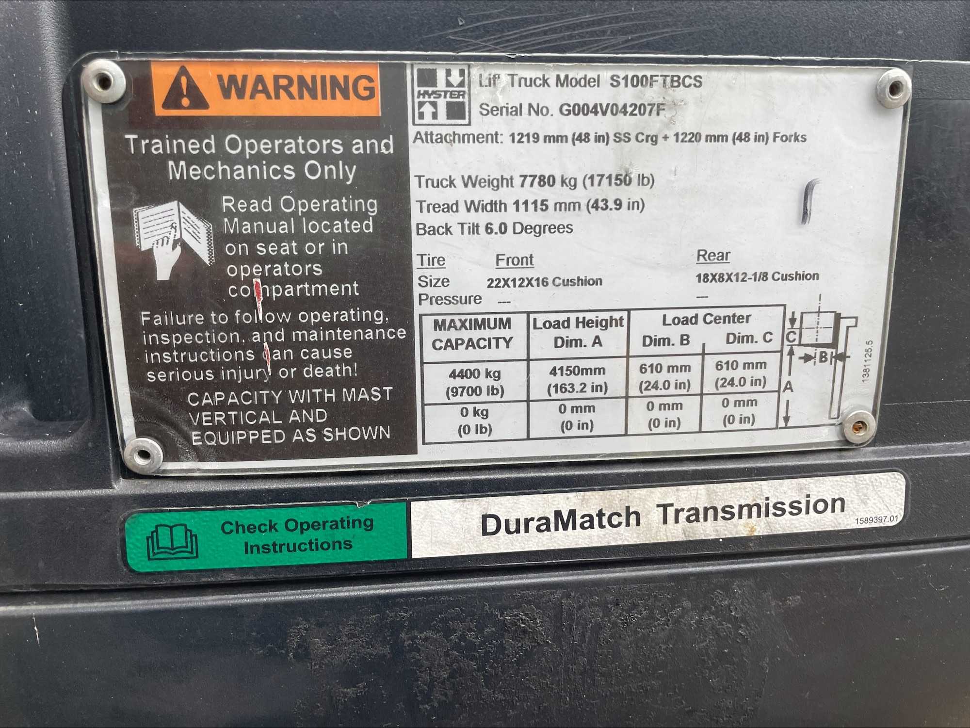 2008 HYSTER S100FTBCS 9,700 LB CAPACITY LIFT TRUCK - FORKLIFTS