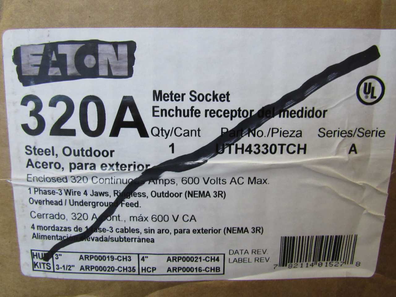 Quantity of 3 New Surplus Eaton UTH4330TCH Meter Socket Ringless 320A 600V 1Ph 4Jaws NEMA 3R - CIRCUIT BREAKERS