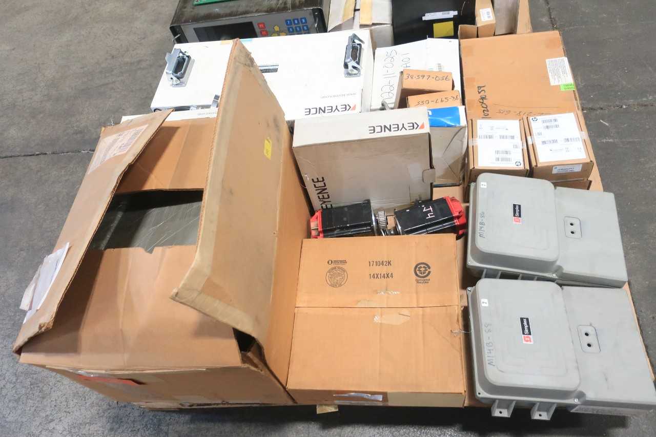 2 PALLETS OF ASSORTED ELECTRICAL CIRCUIT BOARDS, SERVO DRIVE, POWER SUPPLY CONTROLS, CABLE-WIRE CONT, OUTPUT MODULE CONT, PRESSURE SWITCH, MOTOR DRIVE, POWER SUPPLY, SERVO MOTOR- ABB, MITSUBISHI, YASKAWA, GOULD, SCHNEIDER, DWYER, AIR PRODUCTS, EMERSON, MO - ELECTRICAL COMPONENTS