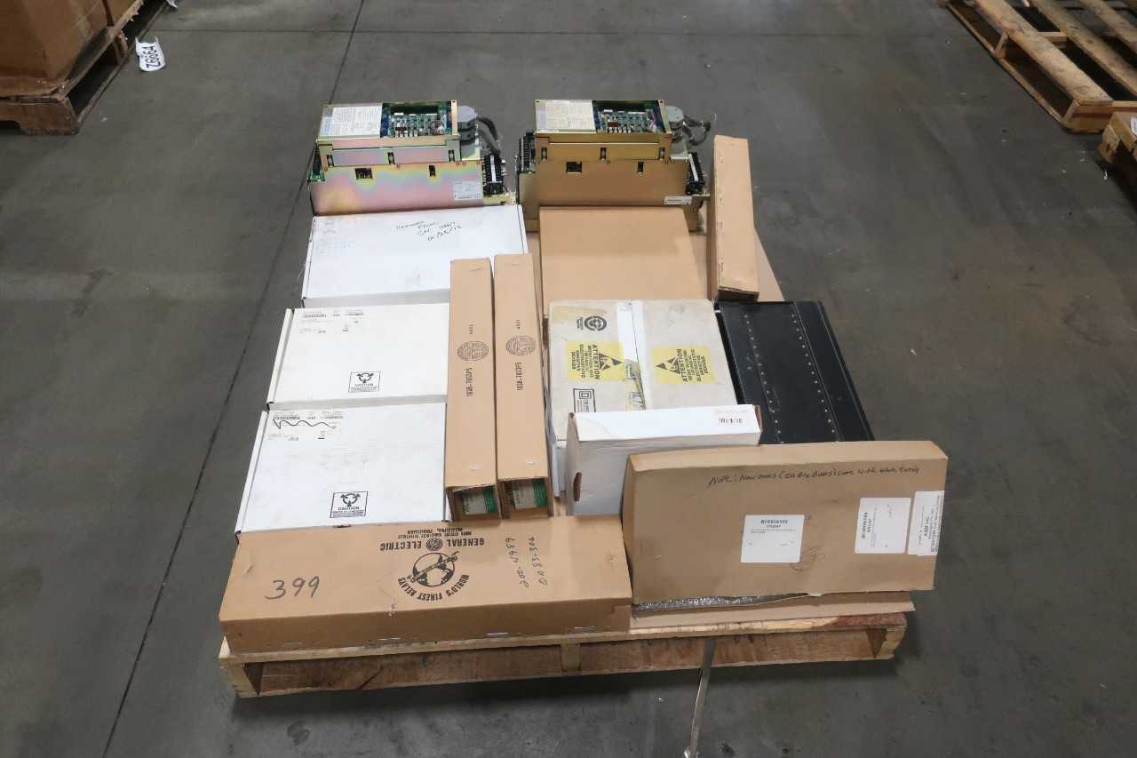 1 PALLET OF ASSORTED ELECTRICAL CHASSIS MODULES, SWITCH CONTROLS, CIRCUIT BOARD CONTROLS, SERVO CONTROLLER, AMP RACK- GENERAL ELECTRIC, INDUSTRIAL DYNAMICS, YASKAWA, BLACK BOX - AUTOMATION & CONTROLS