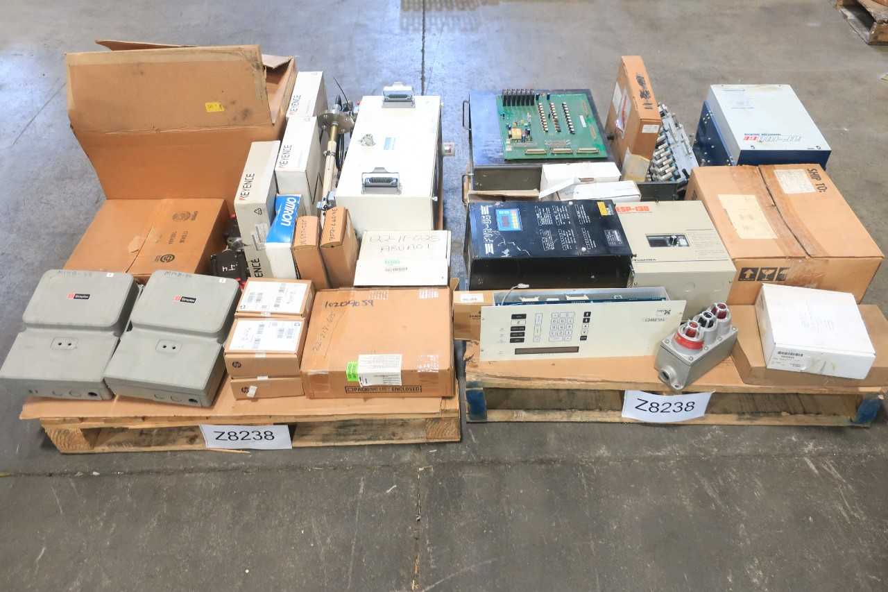 2 PALLETS OF ASSORTED ELECTRICAL CIRCUIT BOARDS, SERVO DRIVE, POWER SUPPLY CONTROLS, CABLE-WIRE CONT, OUTPUT MODULE CONT, PRESSURE SWITCH, MOTOR DRIVE, POWER SUPPLY, SERVO MOTOR- ABB, MITSUBISHI, YASKAWA, GOULD, SCHNEIDER, DWYER, AIR PRODUCTS, EMERSON, MO - ELECTRICAL COMPONENTS