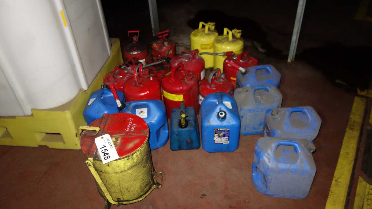 LOT OF ASSORTED GASOLINE, KEROSINE CONTAINERS - ELECTRIC POWER TOOLS
