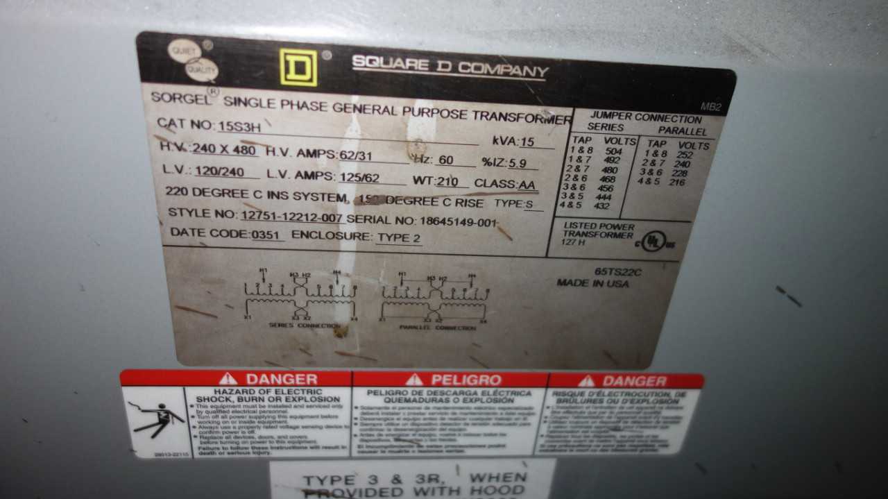 LOT OF 3 SQUARE D 15S3H 15KVA 480V-AC TRANSFORMERS - CONTROL TRANSFORMERS
