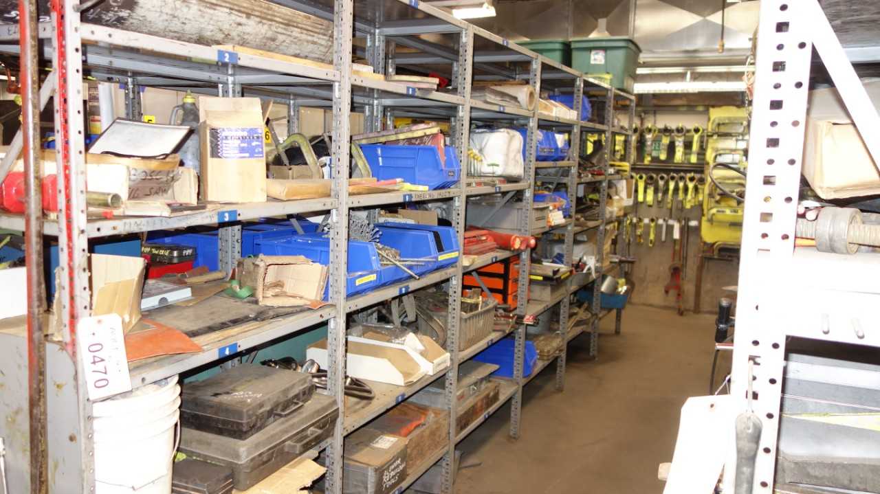CONTENTS OF 6 SHELVING SECTIONS ASSORTED BRUSHES CLAMPS BITS ROLLER CHAINS - INDUSTRIAL PARTS