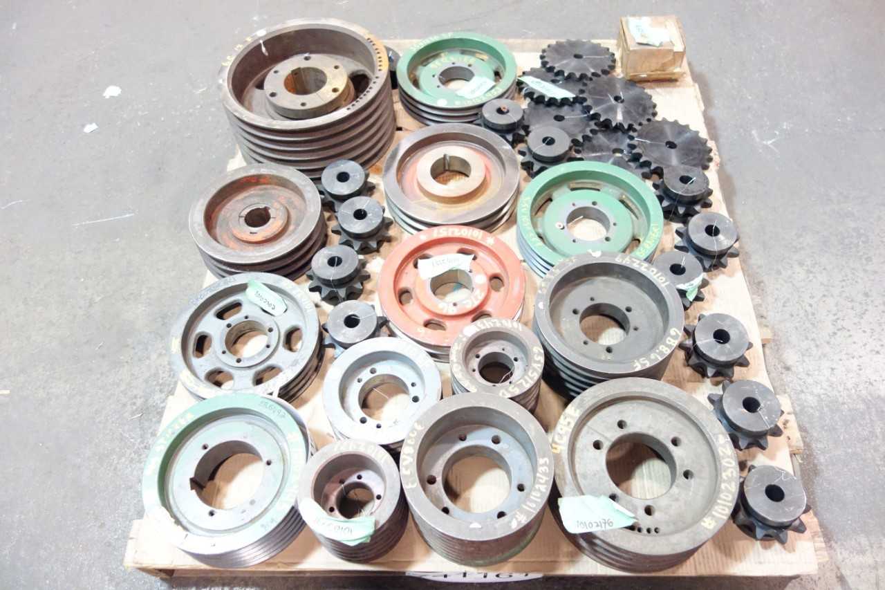 1 PALLET OF ASSORTED SINGLE ROLLER CHAIN SPROCKETS, V- BELT SHEAVES, MITER GEAR- BROWNING, MAUREY - ROLLER CHAIN