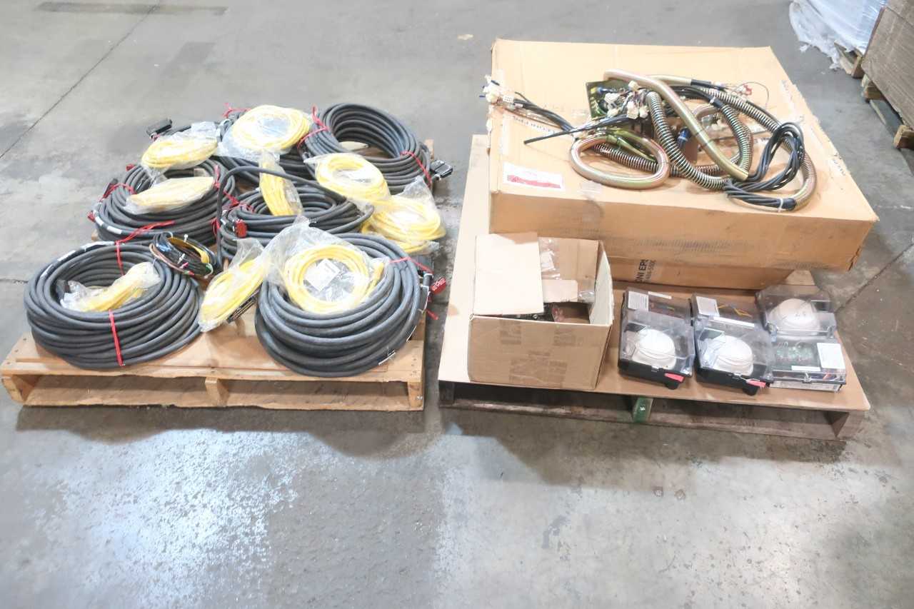 2 PALLETS OF ASSORTED ELECTRICAL WIRING HARNESS CONTROLS, MAIN WIRING HARNESS ROBOT, CIRUIT BOARD, SMOKE DETECTOR FIRE ALARMS, NKTU11-120 INFI 90 300V-AC CORDSET CABLE,102000A01F200 2PIN FEMALE 20FT CORDSET CABLE- WOODHEAD, ABB, YASKAWA, LEONI, SIMPLEX - ELECTRICAL COMPONENTS