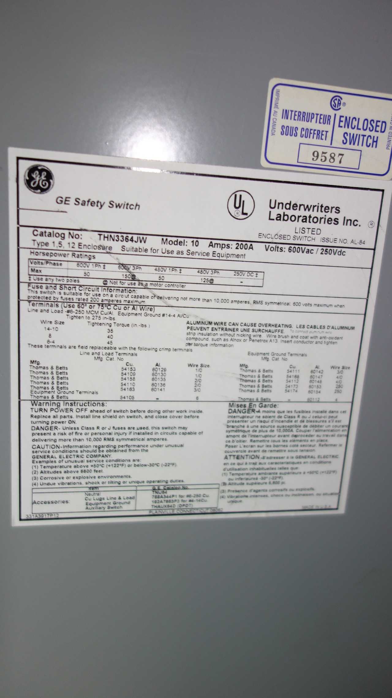 GE THN3364JW 200A NON-FUSED DISCONNECT SWITCH - DISCONNECT SWITCHES