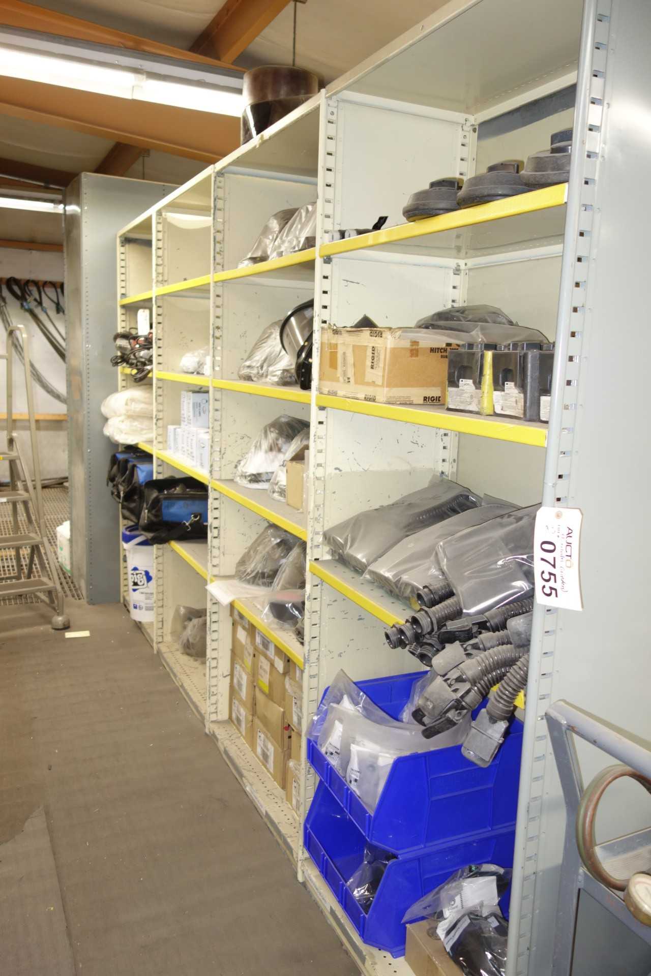 Contents of 5x sections shelving - HEPA filters, coveralls, gloves, protective wear - SHELVING