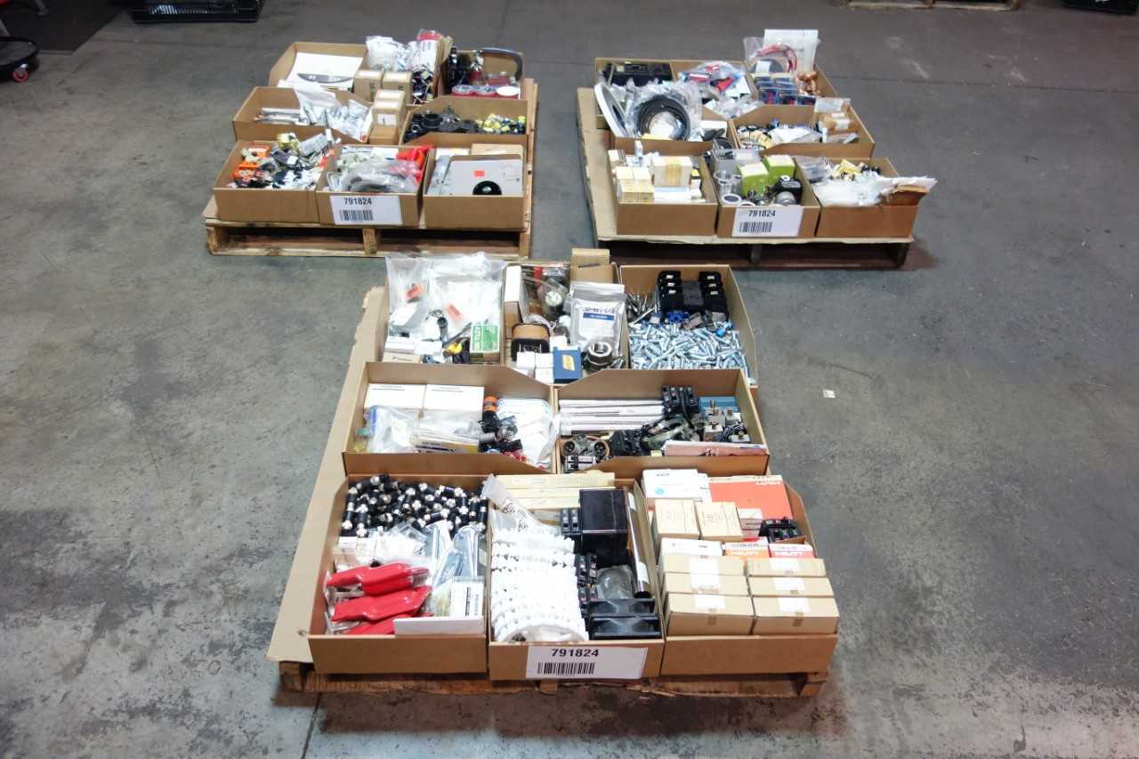 3 PALLETS OF ASSORTED MISCELLANEOUS INDUSTRIAL SURPLUS - ELECTRICAL COMPONENTS