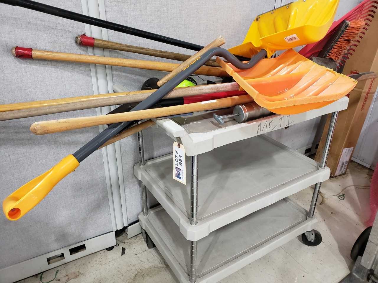 Rolling cart with brooms, shovels ect - MISCELLANEOUS