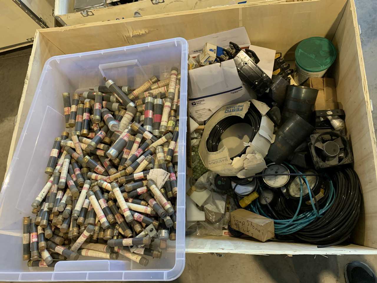 CRATE OF MISC ELECTRICAL AUTOMATION EQUIPMENT FUSES ETC - ELECTRICAL PARTS