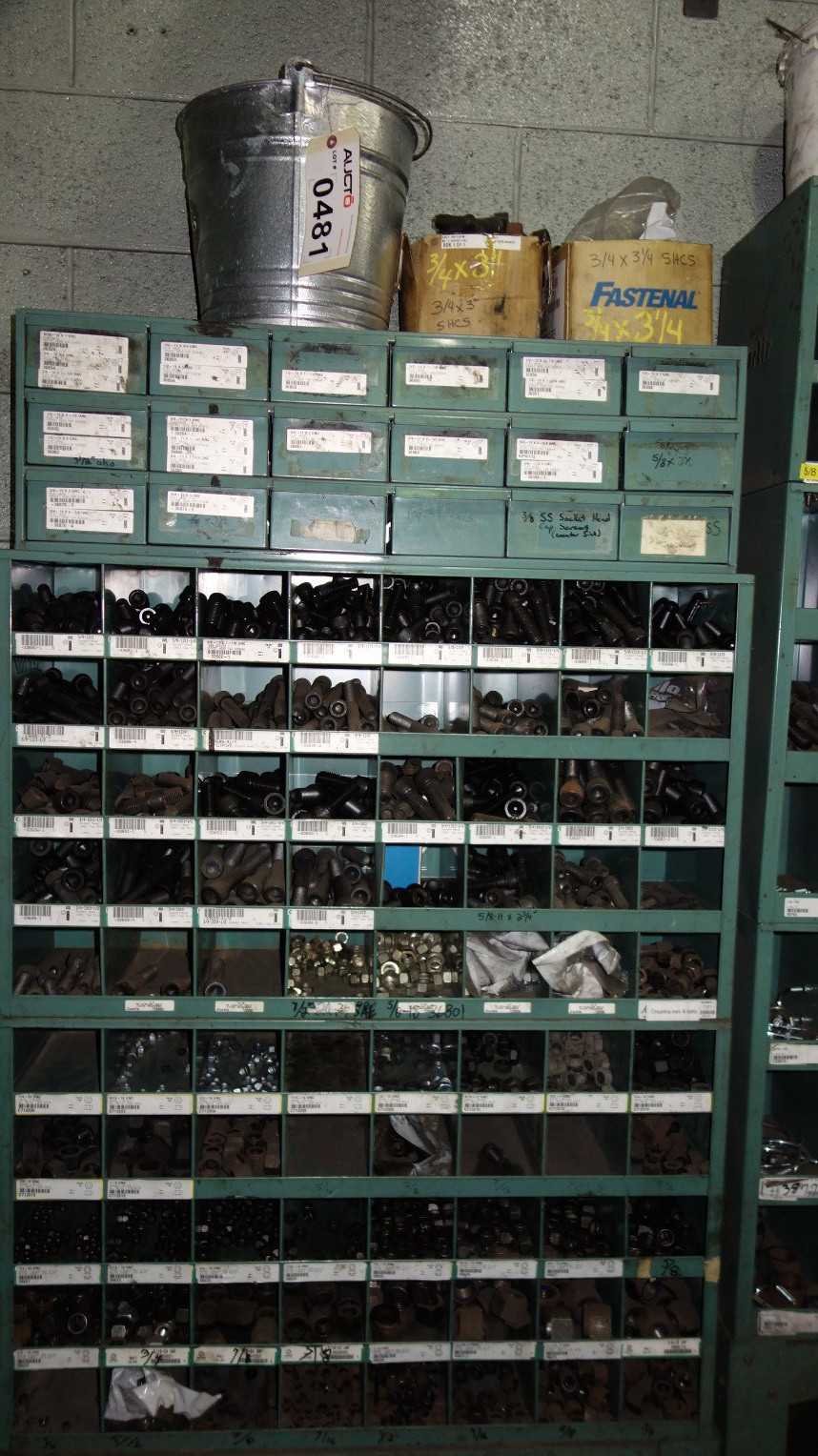 ASSORTED PIGON HOLE CABINET W/ NUTS AND BOLTS - TOOL STORAGE