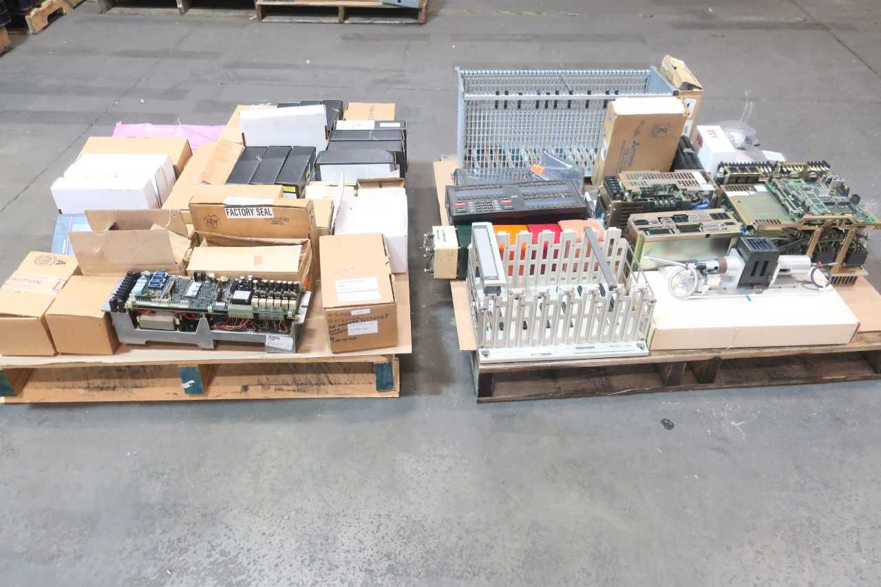 2 PALLETS OF ASSORTED ELECTRICAL SERVO DRIVE, SERVO AMP, MODULES, OPERATOR INTERFACE PANEL, HUMIDITY SENSOR, POWER SUPPLY, ASSEMBLY SENSOR, CHASSIS RACK, RADIO COMMUNICATOR, SMOKE DETECTOR- MITSUBISHI, WESTINGHOUSE, ALLEN BRADLEY, ABB, HONEYWELL, SIMPLEX, - AUTOMATION & CONTROLS