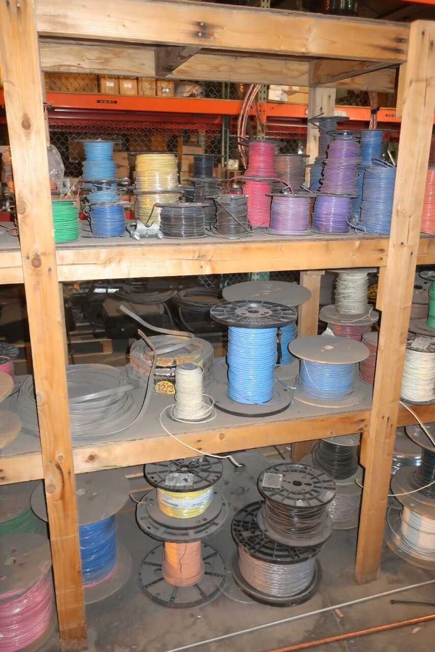 CONTENTS OF ENTIRE SHELF, LOT OF SPOOLS OF WIRE - ELECTRICAL PARTS