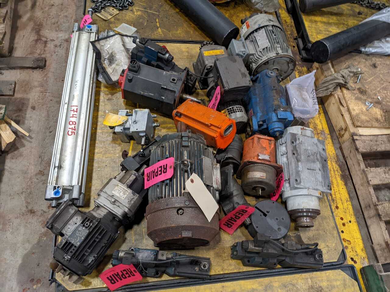 PALLET OF ASSORTED ASSEMBLY MRO, HYDRAULICS, SERVO MOTORS, AC MOTORS, EATON, VICKERS, ABB, SIEMENS, REXROTH - ELECTRIC MOTORS