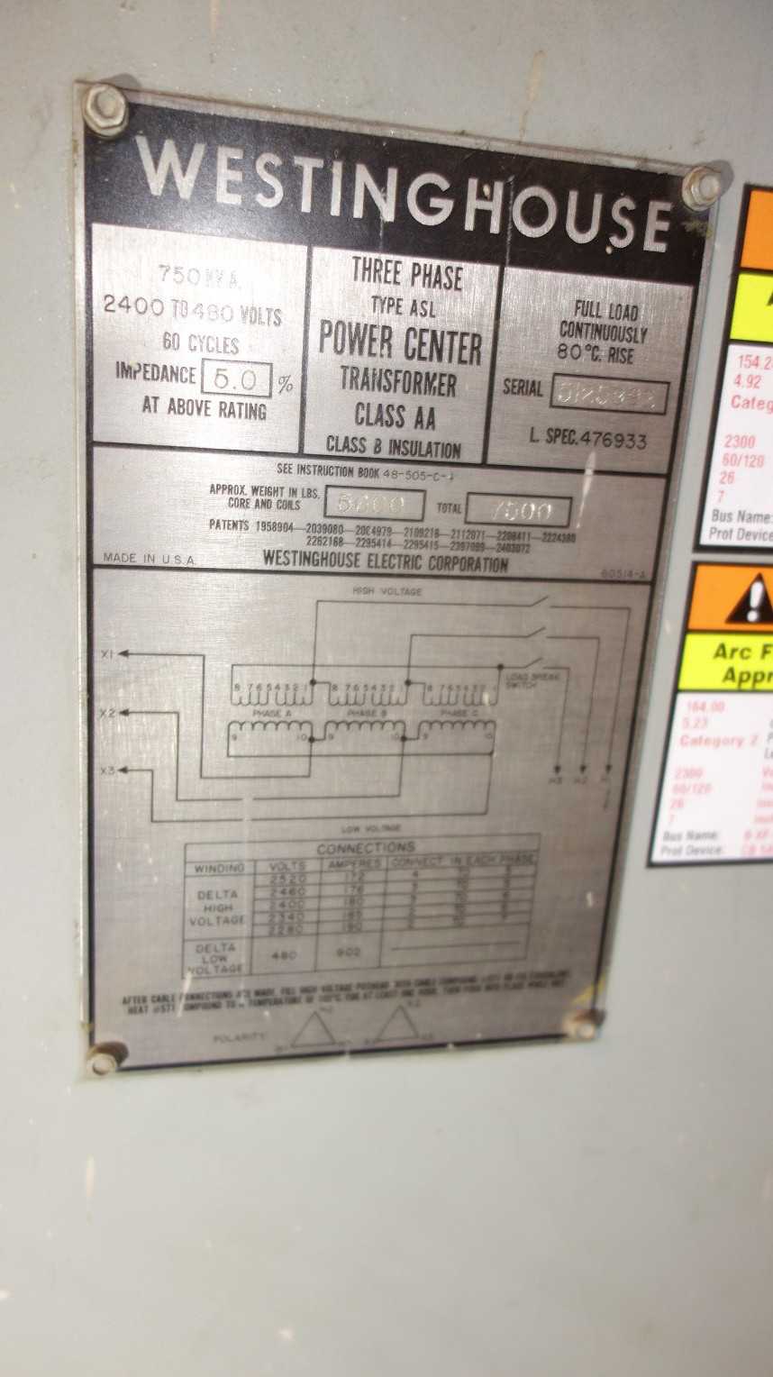 WESTINGHOUSE SWITCHGEAR UNIT W/ 2X AA 750KVA 2400V-AC 480V-AC TRANSFORMER (EXCLUDES BREAKERS, INCLUDES ALL ELECTRICAL/CABLES) DELAYED REMOVAL - CONTROL TRANSFORMERS