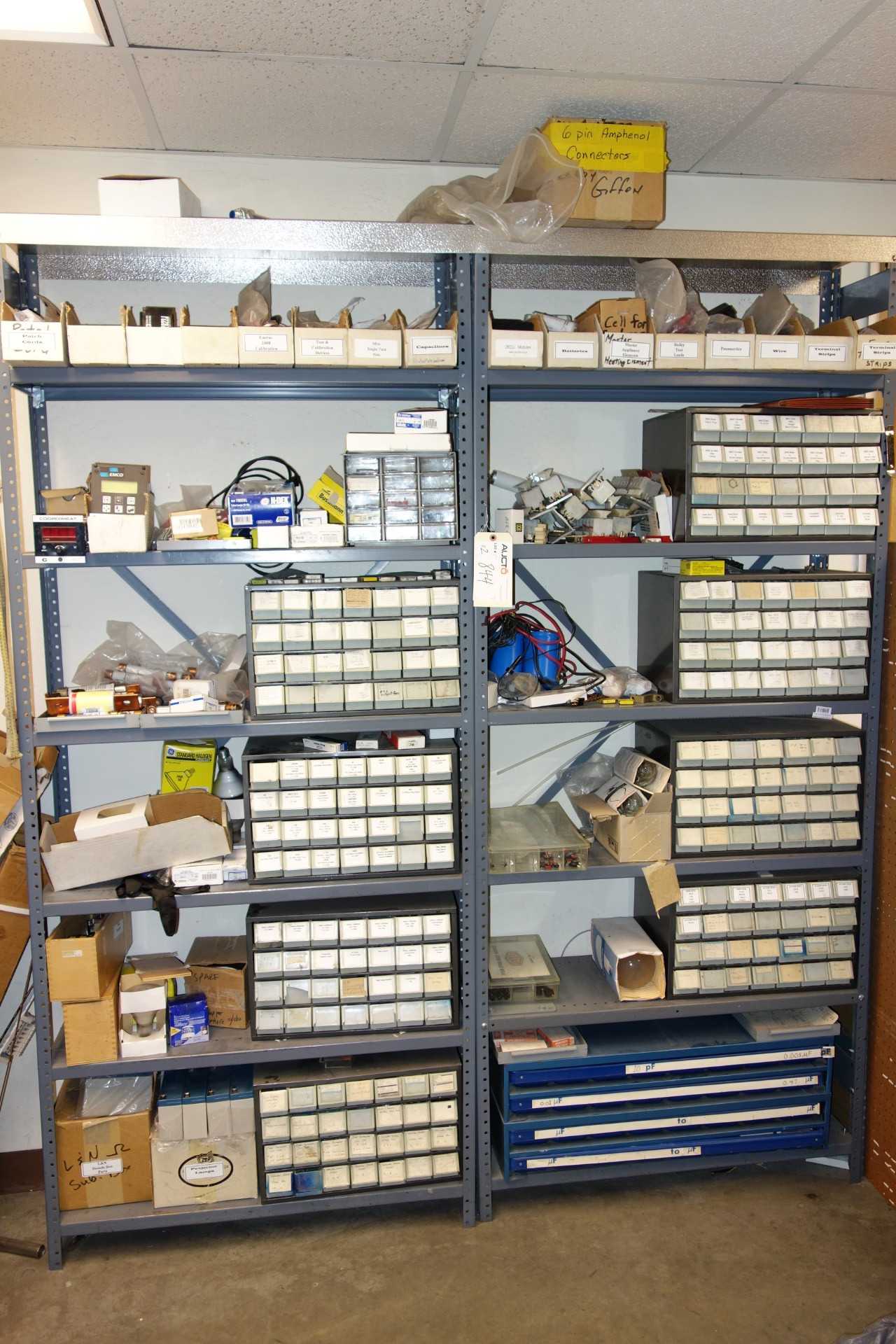Lot of 2 shelving Sections, Contents Only - Assorted Capacitors, Fuses, Batteries, Terimanl Strips, Resistors - SHELVING