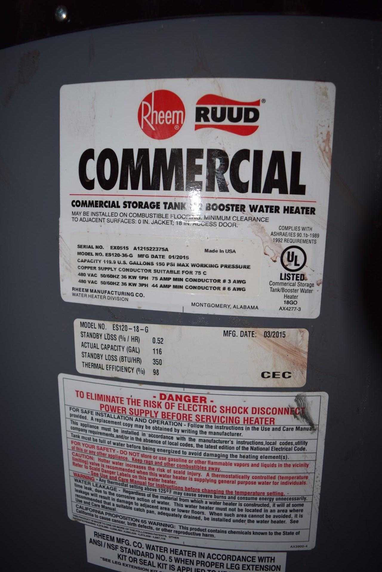 RHEEM RUUD ES120-18-G ELECTRIC WATER HEATER 203 V 1/3 PHASE - MISCELLANEOUS
