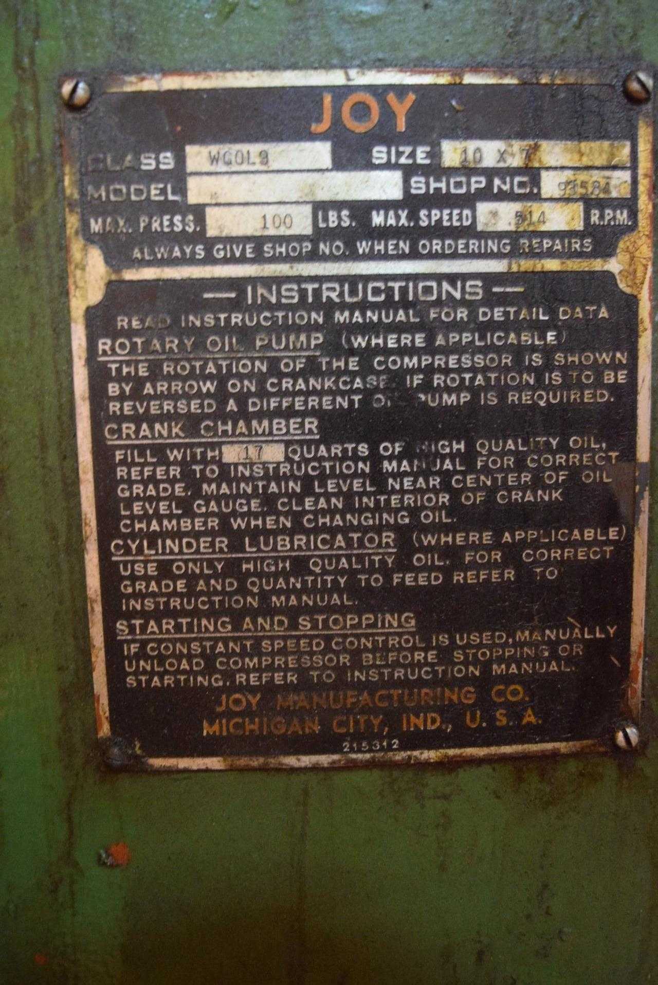 JOY WGOL9 10 X 7 AIR COMPRESSOR 100 PSI - MISCELLANEOUS