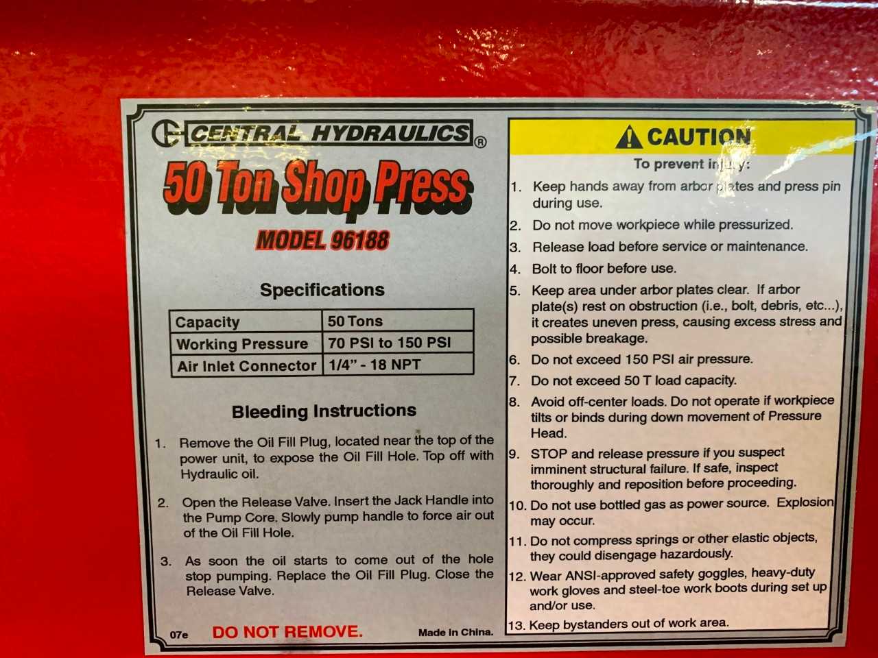 Central Hydraulics 50 Ton H-Frame Press - PRESSES