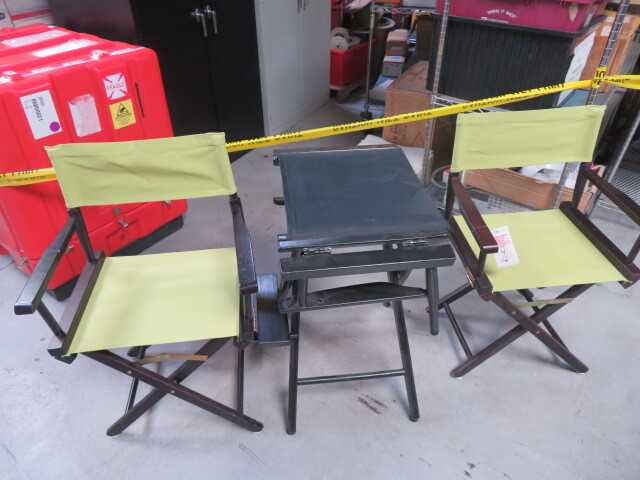 3 director chairs. Two yellow, one black. Black one is missing the back stand. Good condition. They fold up. - PLANT & FACILITY EQUIPMENT