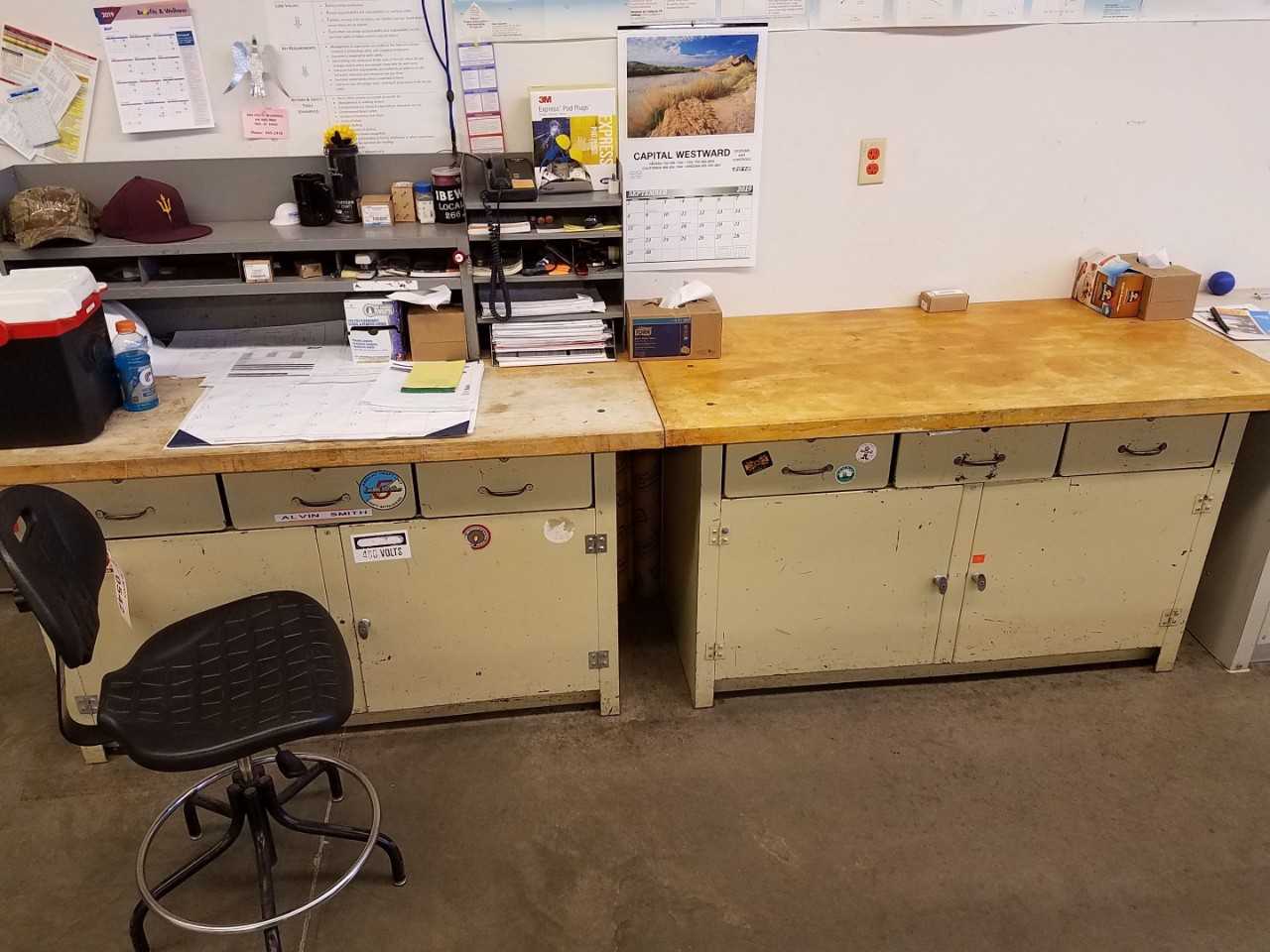 Lot of 5 60" x 30" steel work desks with wood surfaces - MATERIAL HANDLING