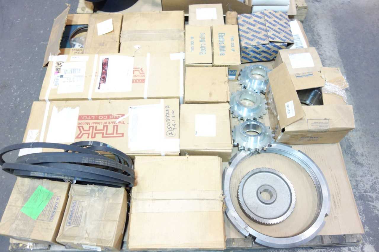 2 PALLETS OF ASSORTED SPROCKETS, ROLLER CHAIN, BELTS, BEARING-SKF, DODGE, THK - BEARINGS