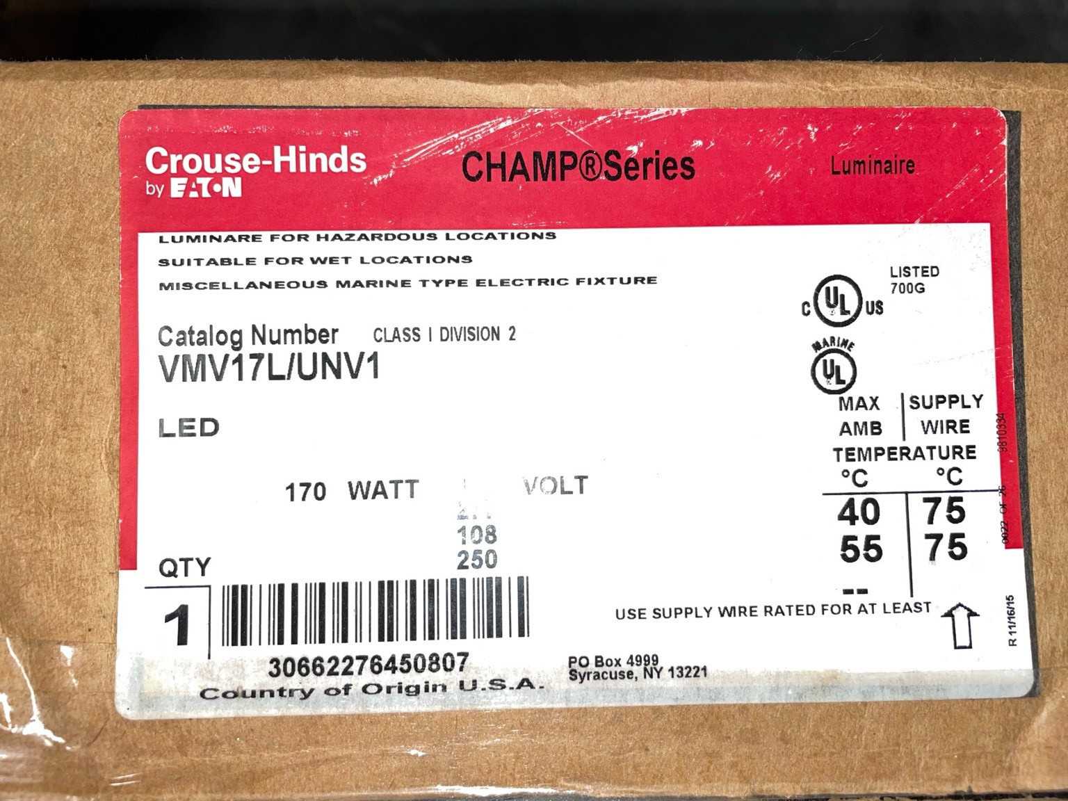 New - Lot of 1 - Eaton Crouse-Hinds VMV17L/UNV1 170W Industrial LED High Bay Lighting Fixture - LIGHTING
