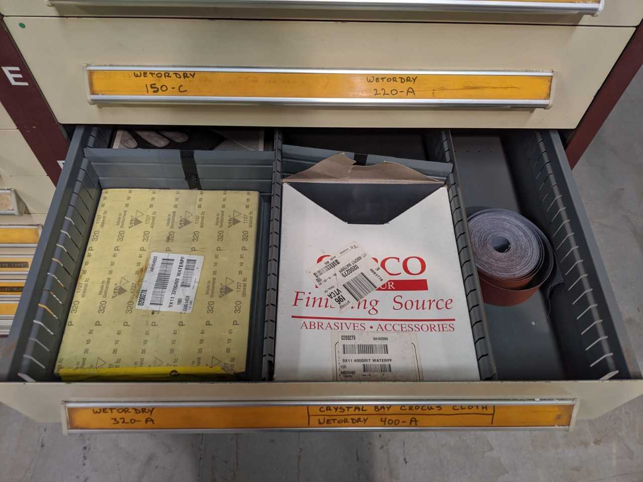 4 STANLEY VIDMAR CABINETS WITH CONTENTS - DRILL BITS, REAMERS, HOSE FITTINGS, BRUSHES, ABRASIVE PADS - TOOL STORAGE