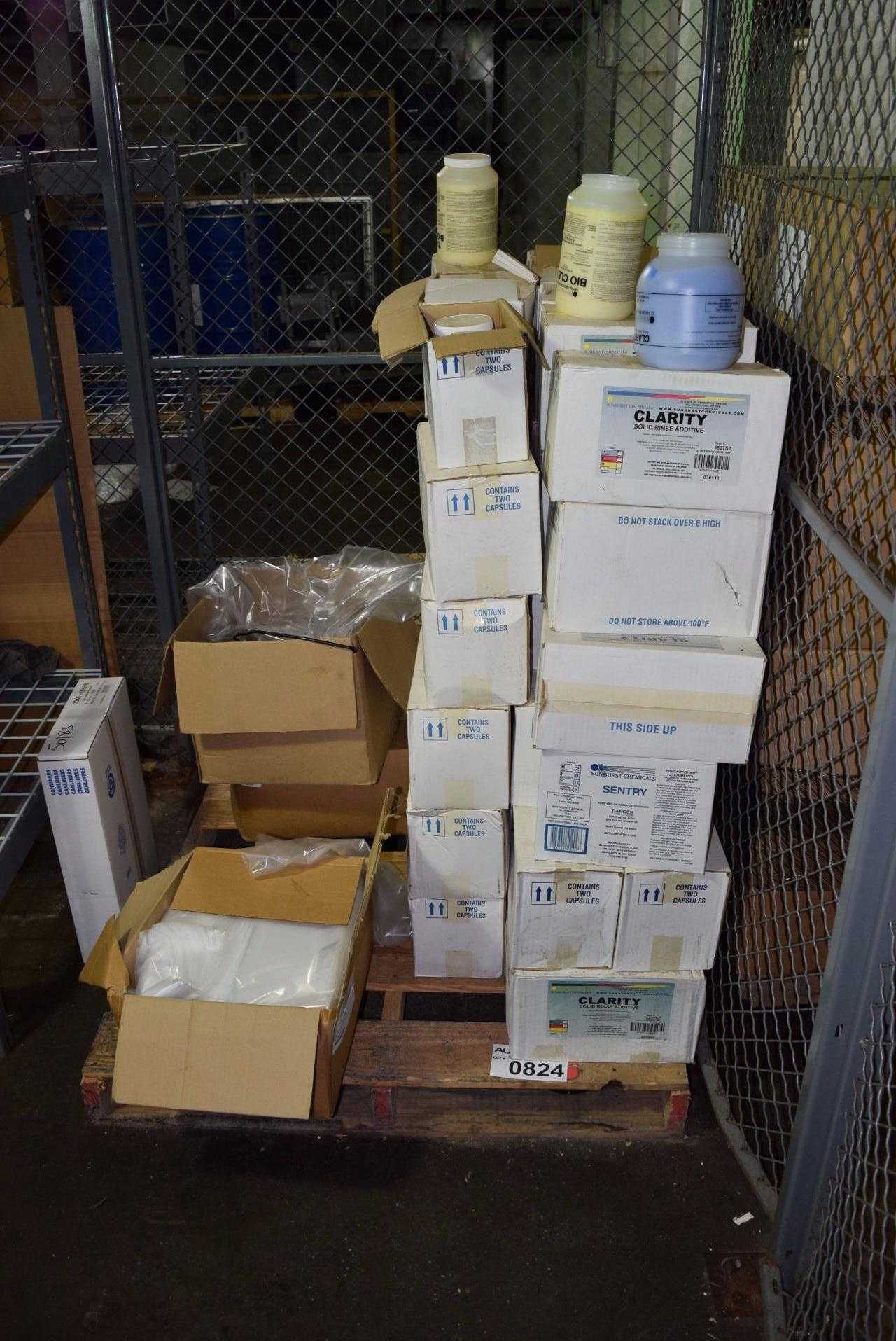 1 PALLET OF ASSORTED CONTENTS - CLARITY SOLID RINSE ADDITIVE, PLASTIC BAGS - MISCELLANEOUS